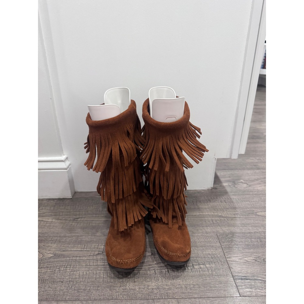 Minnetonka Brown Suede 3-Layer Fringe Moccasin Boots Women Size 8